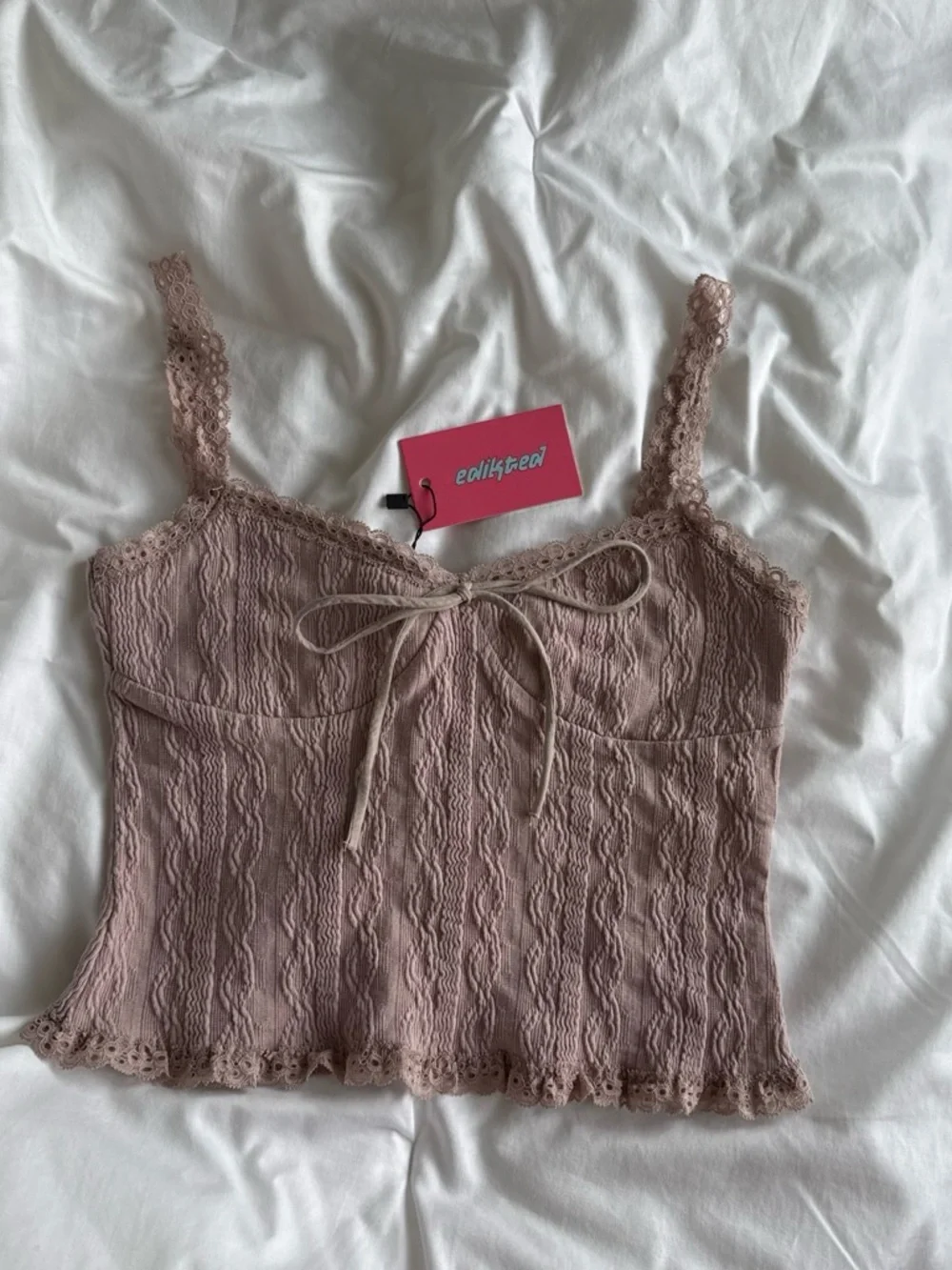 Edikted Blush Lace-Trim Tie-Front Crop Camisole - Picture 1 of 4